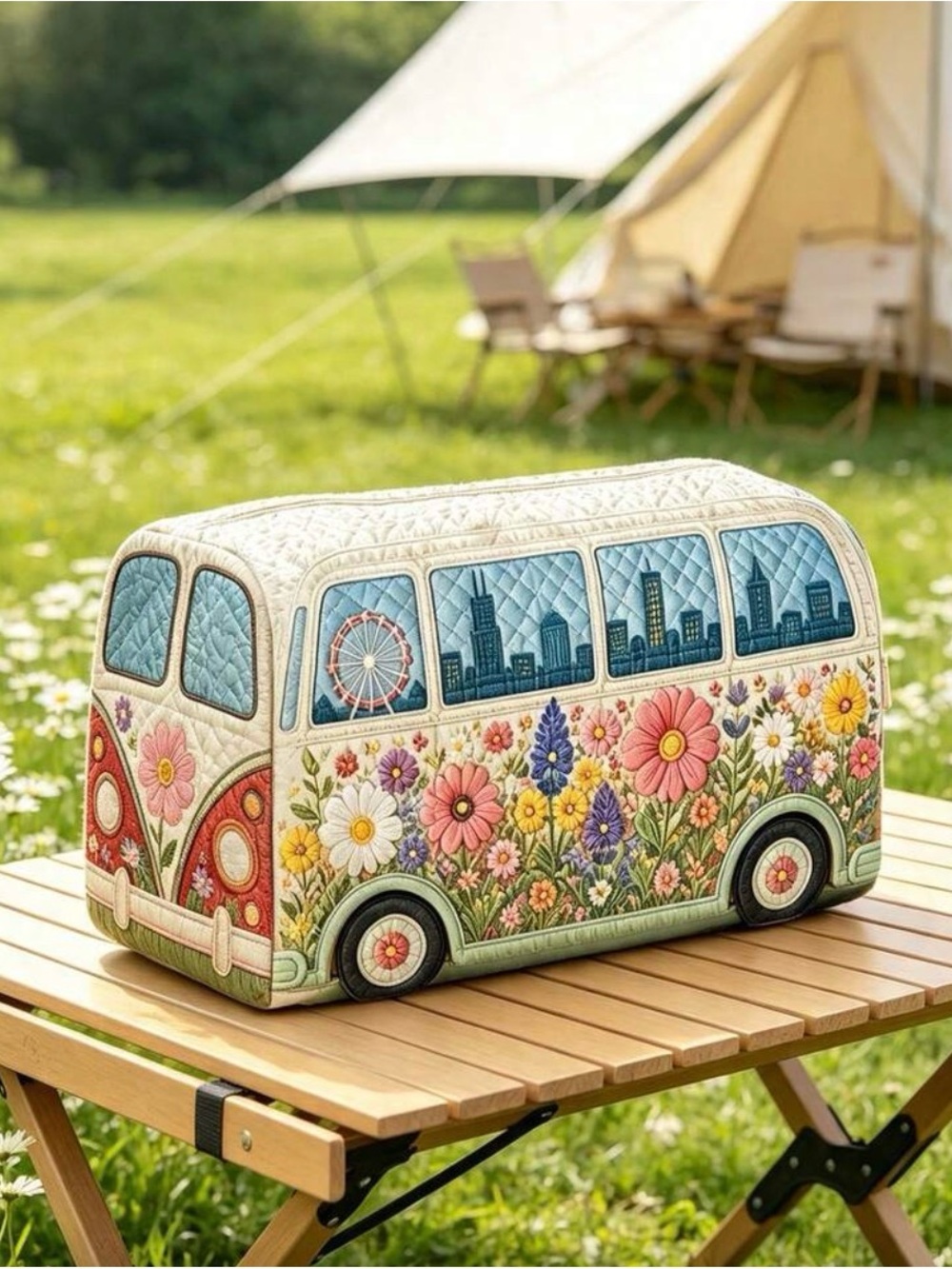 Floral Camper Van Quilted Cosmetic Bag - Cream & Pastel Floral